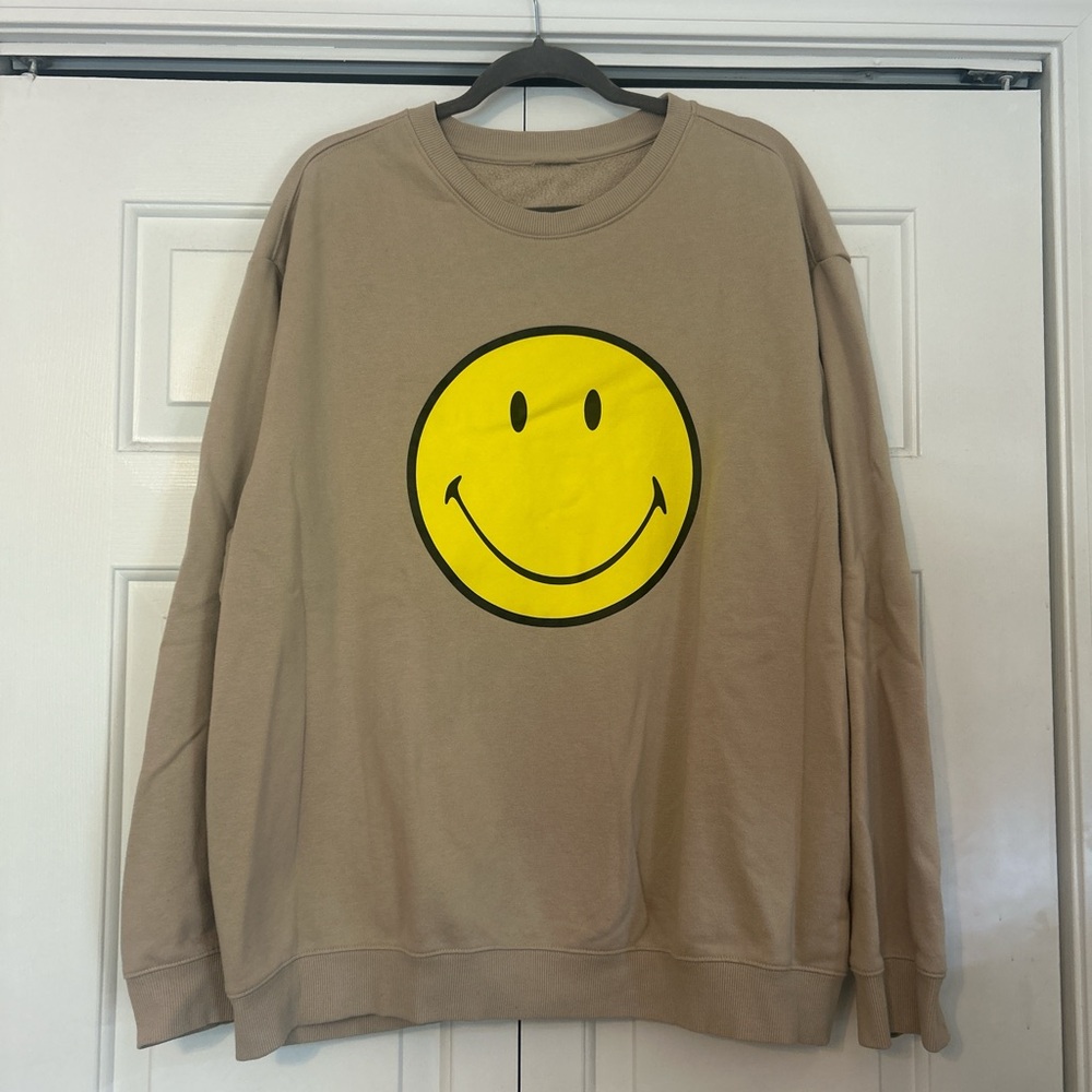Yellow Smiley Face Crewneck Sweater in Tan